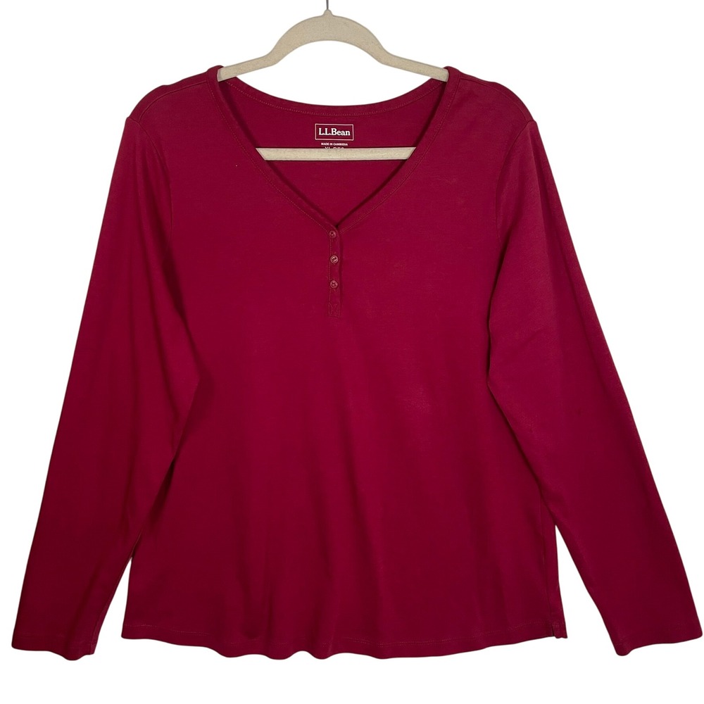 L L Bean Womens Long Sleeve Henley T Shirt‎ Red Cotton XL REG